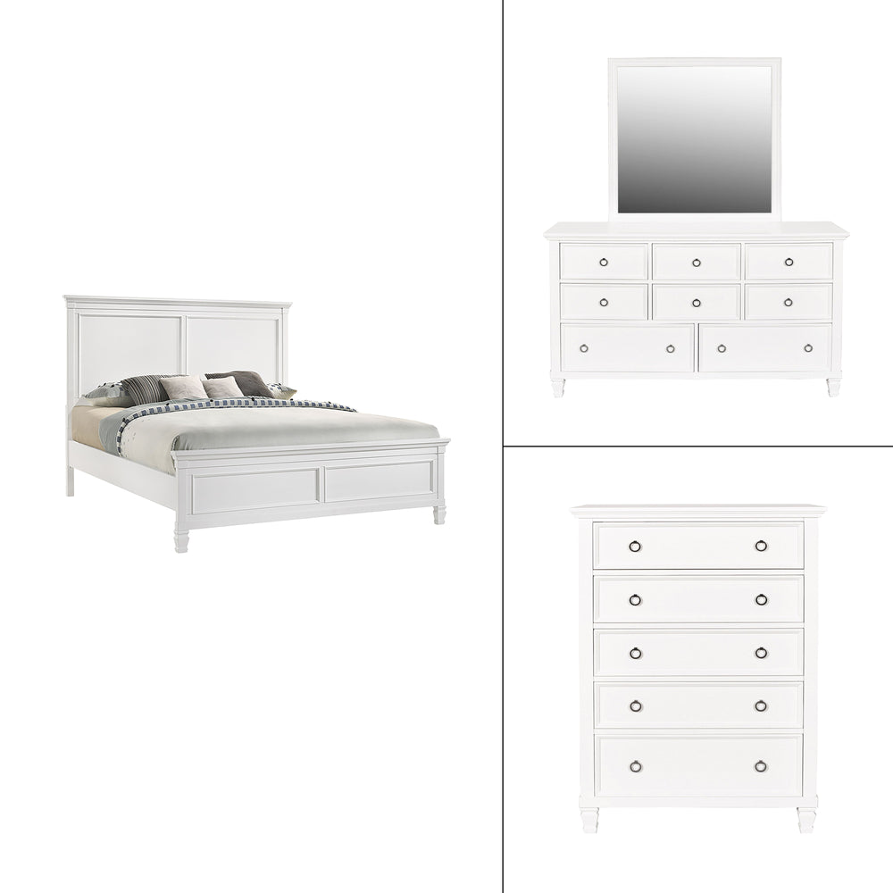 The Tamarack 4 Piece Bedroom Set in white, featuring a Panel Bed, Dresser, Mirror, and Chest, is a striking blend of durability and elegance. Crafted with a combination of solid poplar, basswood veneers, and eco-friendly manufactured wood, this set promis