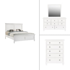 The Tamarack 4 Piece Bedroom Set in white, featuring a Panel Bed, Dresser, Mirror, and Chest, is a striking blend of durability and elegance. Crafted with a combination of solid poplar, basswood veneers, and eco-friendly manufactured wood, this set promis