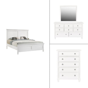 The Tamarack 4 Piece Bedroom Set in white, featuring a Panel Bed, Dresser, Mirror, and Chest, is a striking blend of durability and elegance. Crafted with a combination of solid poplar, basswood veneers, and eco-friendly manufactured wood, this set promis