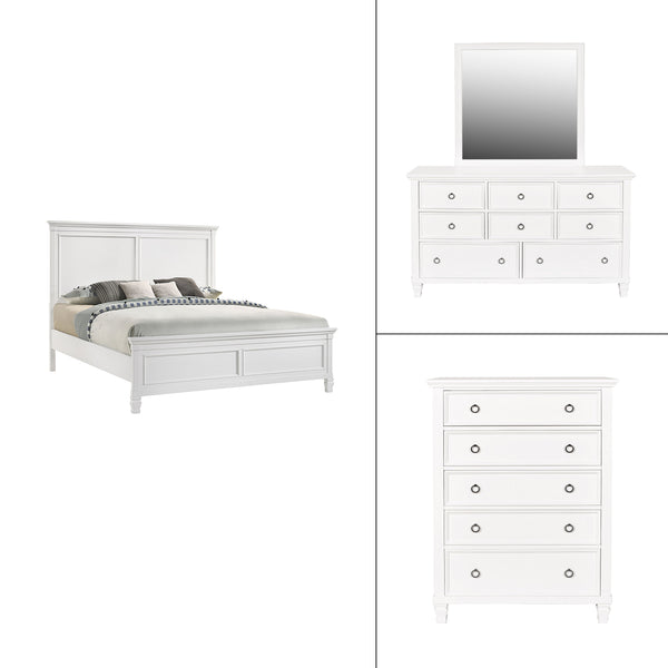 The Tamarack 4 Piece Bedroom Set in white, featuring a Panel Bed, Dresser, Mirror, and Chest, is a striking blend of durability and elegance. Crafted with a combination of solid poplar, basswood veneers, and eco-friendly manufactured wood, this set promis