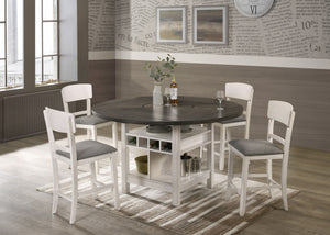 Elevate your dining experience with our contemporary dining ensemble. Infused with a modern twist on classic design, this set effortlessly balances sophistication with functionality. Featuring a two-toned wood finish complemented by sleek, white chairs. F