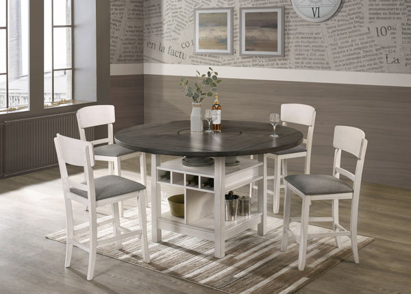 Elevate your dining experience with our contemporary dining ensemble. Infused with a modern twist on classic design, this set effortlessly balances sophistication with functionality. Featuring a two-toned wood finish complemented by sleek, white chairs. F