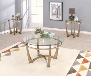 KD, Round Leg Table w/Curved -"X-" Support Base â€¢ Top: 5mm Clear Tempered Glass (Not Beveled) â€¢ Frame: Champagne Metal Tube (13/32mm, 20/40, 60mm) â€¢ (No Storage/Drw/Shelves)<br/><br/><b>Product Features</b><ul><li>Round Leg Table (No Storage)</li><l