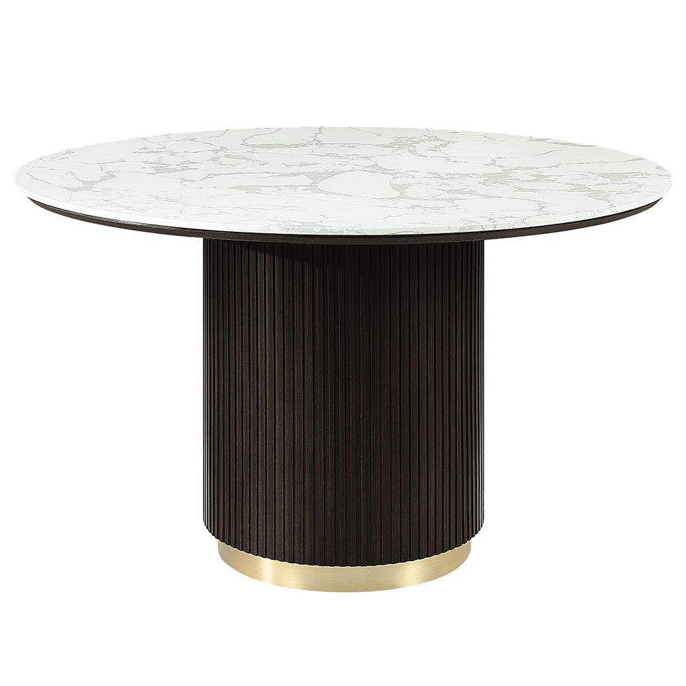 The Clayten collection features a round dining table with a fixed marble top, supported by a single pedestal base adorned with metal trim. Accompanied by upholstered chairs and a server with sleek metal legs, this set combines modern elegance with timeles