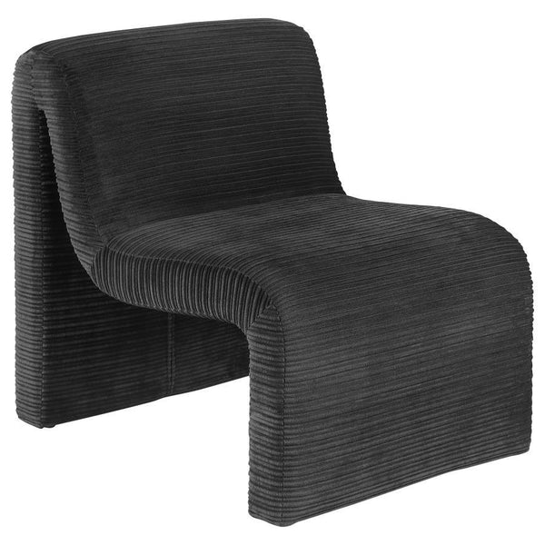 Introduce a sculptural component to your compelling seating group with this modern accent chair. It-'s an armless profile with a sinuous curvature that brings alluring elegance in any setting. Neutral upholstery has a ribbed look, creating impeccable text
