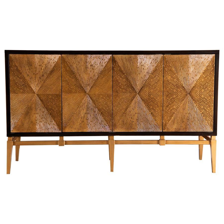 Bold texture and dynamic form converge in this four-door accent cabinet featuring a hand-applied sunburst motif. The intricate radial design is crafted with layered wood strips, framed in a rich brown outline and contrasted by a golden base. Angled, taper