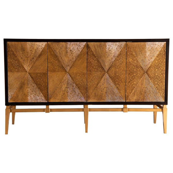 Bold texture and dynamic form converge in this four-door accent cabinet featuring a hand-applied sunburst motif. The intricate radial design is crafted with layered wood strips, framed in a rich brown outline and contrasted by a golden base. Angled, taper
