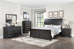 Transform your bedroom into a stylish and functional retreat with the Stafford County 6 Piece Wood Bedroom Set in walnut brown. This comprehensive set includes a sleigh platform bed with a storage base, a dresser, a mirror, a chest, and two nightstands, a