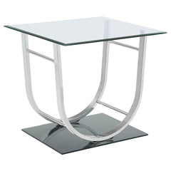 This modern square end table combines a clear tempered glass top with a sleek mirrored base, creating a visually striking design. The curved electroplated heavy gauge metal frame in a polished chrome finish adds elegance and stability. Crafted for durabil