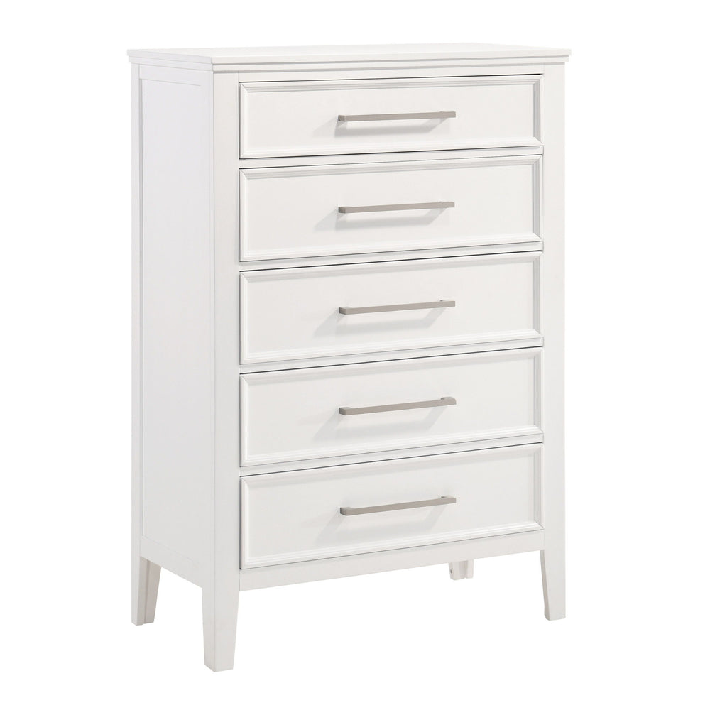 The Andover Five Drawer Wood Chest in White combines durability, functionality, and timeless style, making it a standout addition to any bedroom. Expertly crafted from solid Rubberwood, manufactured woods, and wood veneers, this chest is built to last whi