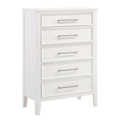 The Andover Five Drawer Wood Chest in White combines durability, functionality, and timeless style, making it a standout addition to any bedroom. Expertly crafted from solid Rubberwood, manufactured woods, and wood veneers, this chest is built to last whi