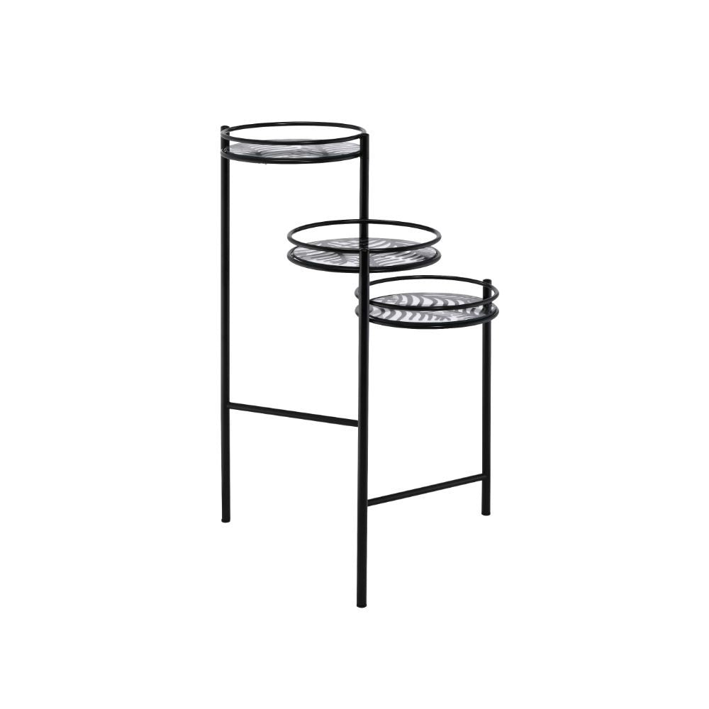 KD, Multi-Tiered Plant Stand Storage: 3 Open Compartments (Fixed Shelves, 10-"Dia) Function: Foldable Frame Round Tier Metal Frame with Straight Leg (Open Frame) CONSTRUCTION] Metal Tier/Frame & Leg: Metal Tube<br/><br/><b>Product Features</b><ul><li>Mult