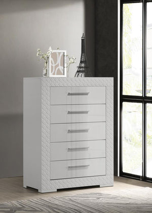  modern look that enhances any bedroom decor. Five spacious drawers offer ample storage for clothing and linens