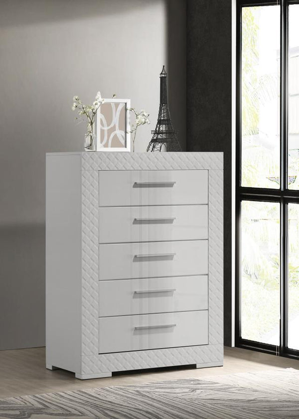  modern look that enhances any bedroom decor. Five spacious drawers offer ample storage for clothing and linens