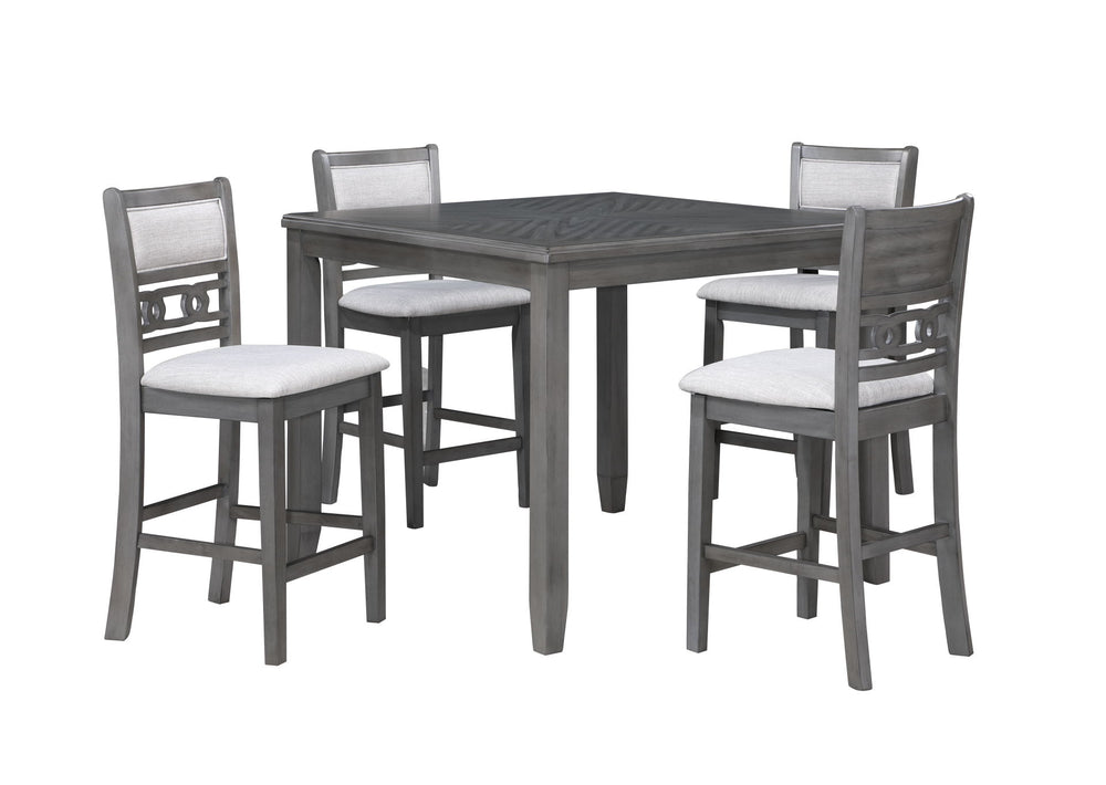 Complete your dining space with the New Classic Furniture Gia 5-Piece Wood Square Counter Dining Set, a harmonious blend of durability and beauty. Crafted from solid Rubberwood and Mindi veneers, this set is designed to withstand the test of time. The con