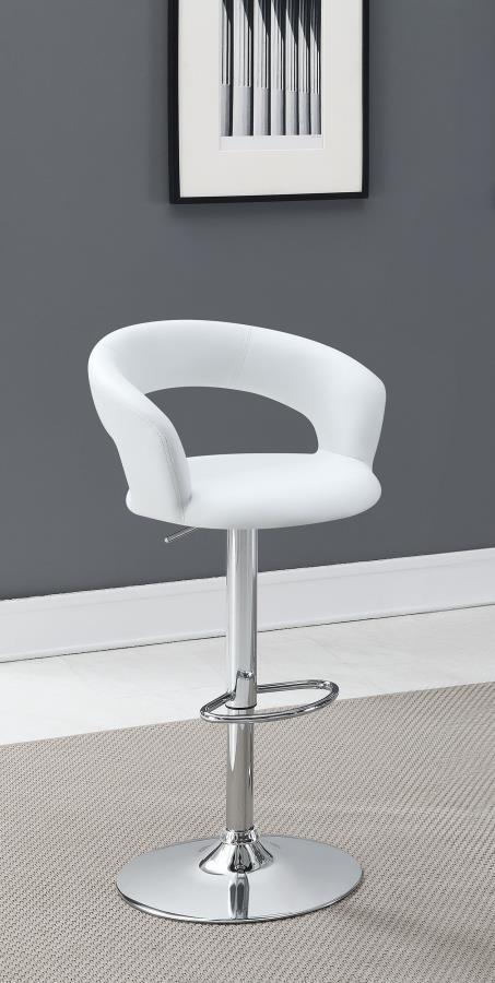Complete your home lounge make over with this stunning contemporary barstool. Featuring a height adjustable seat, the stool rests on a pedestal base. The seat boasts a curved back that uses negative space to create a compelling look. Upholstered in white 