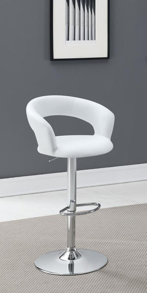  the stool rests on a pedestal base. The seat boasts a curved back that uses negative space to create a compelling look. Upholstered in white 
