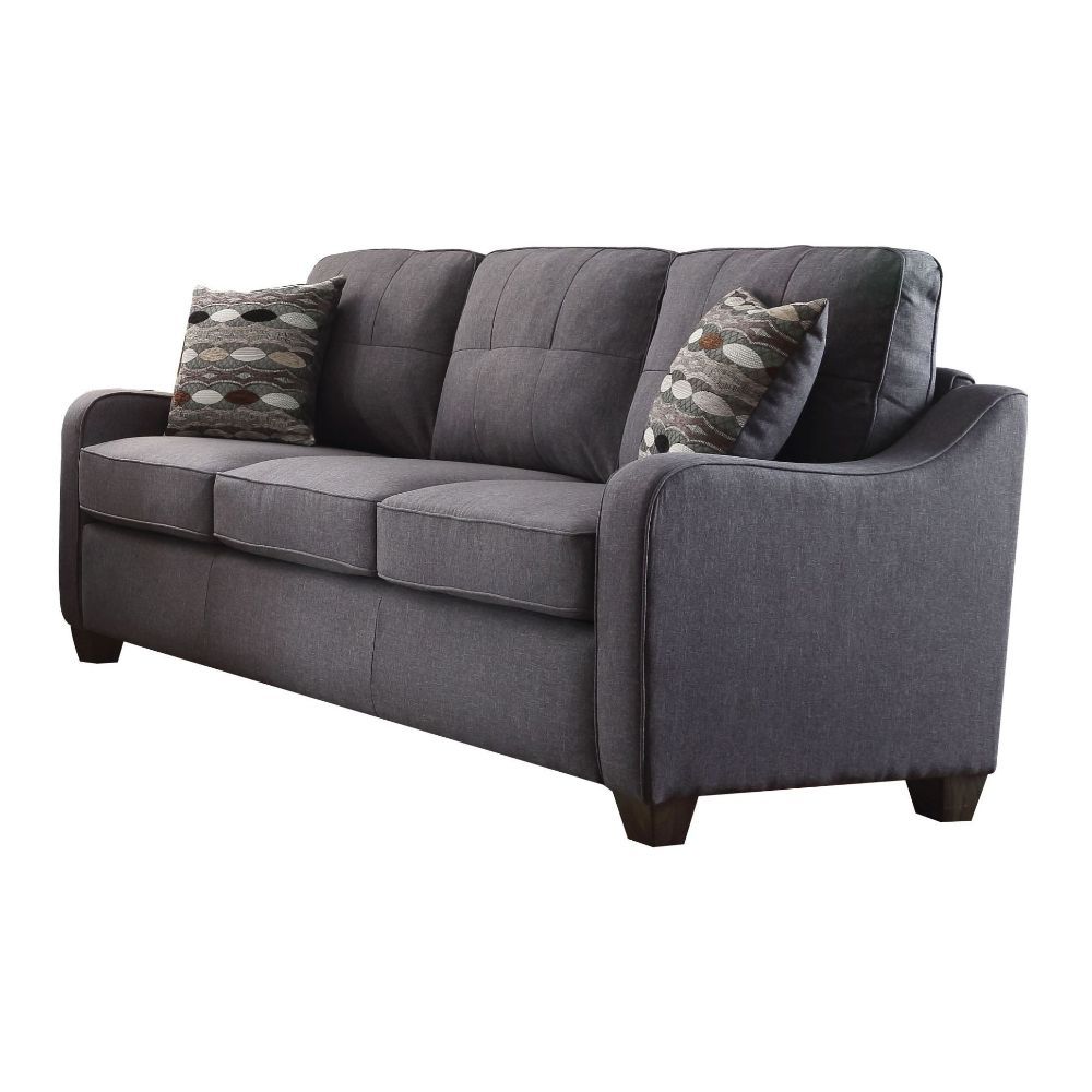Styled in Cleavon II collection, this gray upholstery sofa set will bring you a modern and comfortable sensation in the living room. Featuring with sloped arms, loose seat and back cushion, plastic wood grain legs, and colorful accent pillows present you 