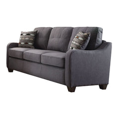 Styled in Cleavon II collection, this gray upholstery sofa set will bring you a modern and comfortable sensation in the living room. Featuring with sloped arms, loose seat and back cushion, plastic wood grain legs, and colorful accent pillows present you 