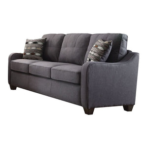 Styled in Cleavon II collection, this gray upholstery sofa set will bring you a modern and comfortable sensation in the living room. Featuring with sloped arms, loose seat and back cushion, plastic wood grain legs, and colorful accent pillows present you 