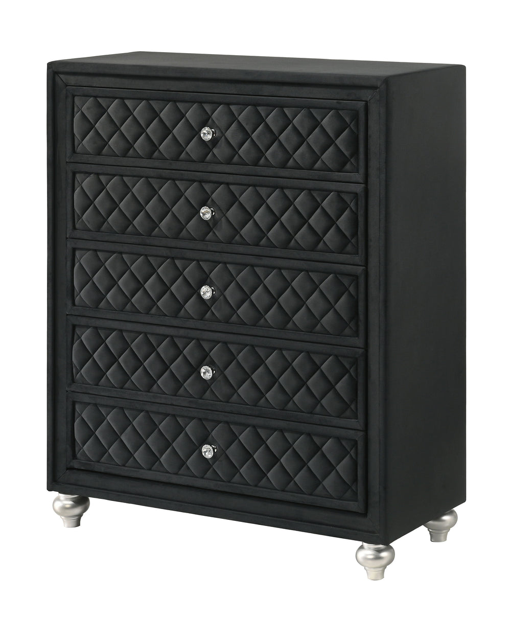 Indulge in timeless elegance and dramatic sophistication with this stunning bedroom collection, designed to make a bold statement. The centerpiece features an exquisitely tufted headboard with luxurious upholstery and intricate nailhead trim, exuding opul