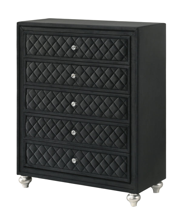 Indulge in timeless elegance and dramatic sophistication with this stunning bedroom collection, designed to make a bold statement. The centerpiece features an exquisitely tufted headboard with luxurious upholstery and intricate nailhead trim, exuding opul