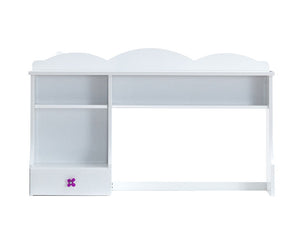 KD, Rectangular Hutch Desk Storage: 3 Open Compartment, 1 Drw Drawer: GLIDE) Side Metal, JOINT) Cam+Dowel, INSIDE) Felt-Lined NOT Included, Manual-Closing, Hardware: Single Floral Pull-Knob (Plastic) CONSTRUCTION] Wooden Case: Solid Wood, MDF Wooden Sled 