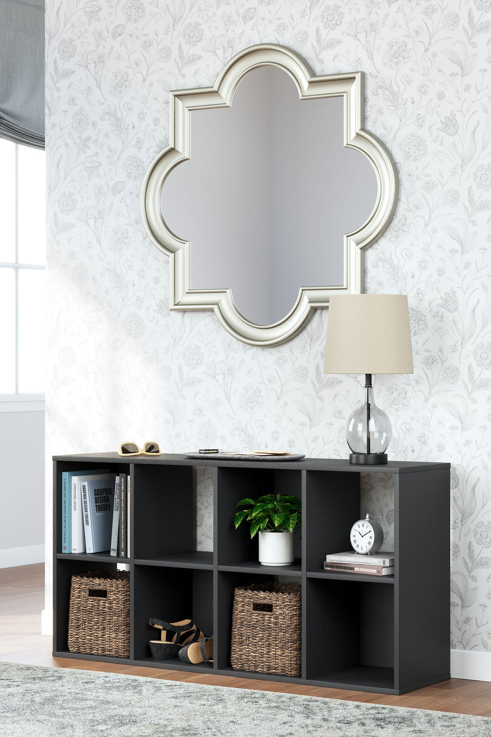 Matte black finish with subtle replicated wood grain.<br/><br/><b>Product Features</b><ul><li>Made with engineered wood (MDF/particleboard/plywood) and decorative laminate for the right balance of affordability and durability</li><li>Matte black finish wi