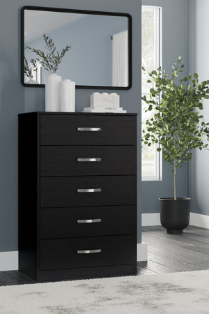  this chest of drawers blends seamlessly with modern decor and makes a smart addition to a bedroom. Five spacious drawers will keep your clothes neat and organized. Sleek metal pulls in a brushed nickel-tone finish add to the stre