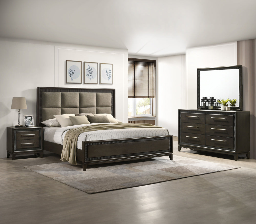 This contemporary bedroom set boasts a sophisticated aesthetic, characterized by its deep espresso finish that speaks to modern tastes. The clean-lined bed features an elegantly tufted headboard, offering both comfort and style, and is complemented by str