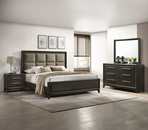 This contemporary bedroom set boasts a sophisticated aesthetic, characterized by its deep espresso finish that speaks to modern tastes. The clean-lined bed features an elegantly tufted headboard, offering both comfort and style, and is complemented by str