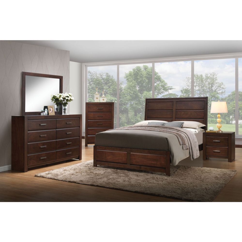 The Oberreit bedroom features transitional style, clean lines, that will bring a comfortable atmosphere to your home. This bed is a smart solution for keeping your bedroom simple and stylish, features warm walnut finish, panel headboard, low profile footb