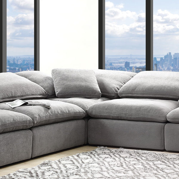 Complete your living room with the unique design and sink-in comfort of the Naveen modular collection. Add both contemporary and modern taste with this beautiful group wrapped in a relaxing hue fabric. This group comes with multiple seating options of wed