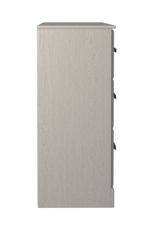  white hue over subtle replicated wood grain easily complements other furniture finishes. Smooth drawer fronts with antiqued pewter-tone handles comp