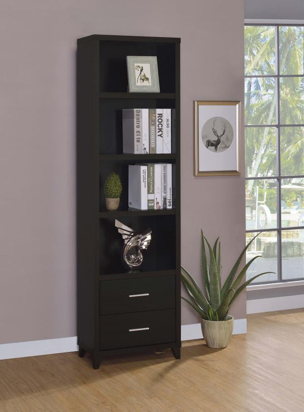  sleek lines and brushed silver hardware enhance the accentuate the style of this stunning media tower. Four large open compartments provide ample shelf space to display books