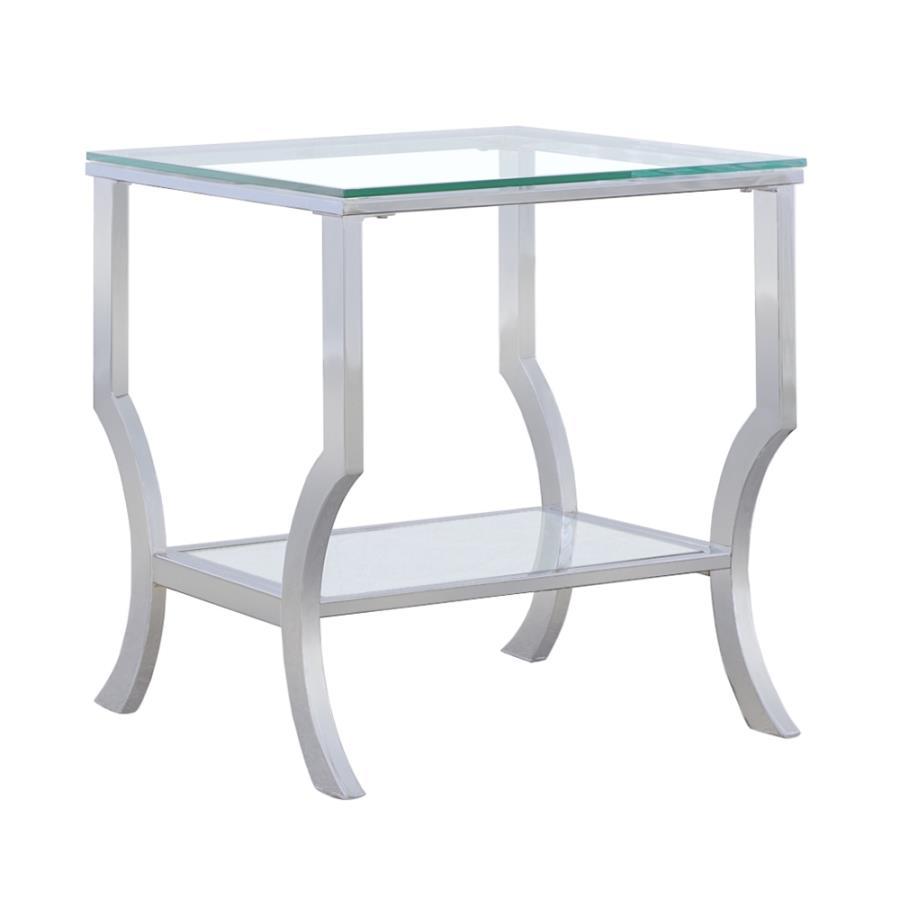 Add a modern touch to your space with this sleek rectangular end table. It features a clear tempered glass top and a matching lower shelf for storage or display. The curved legs and open design bring a light, contemporary feel, while the electroplated pol