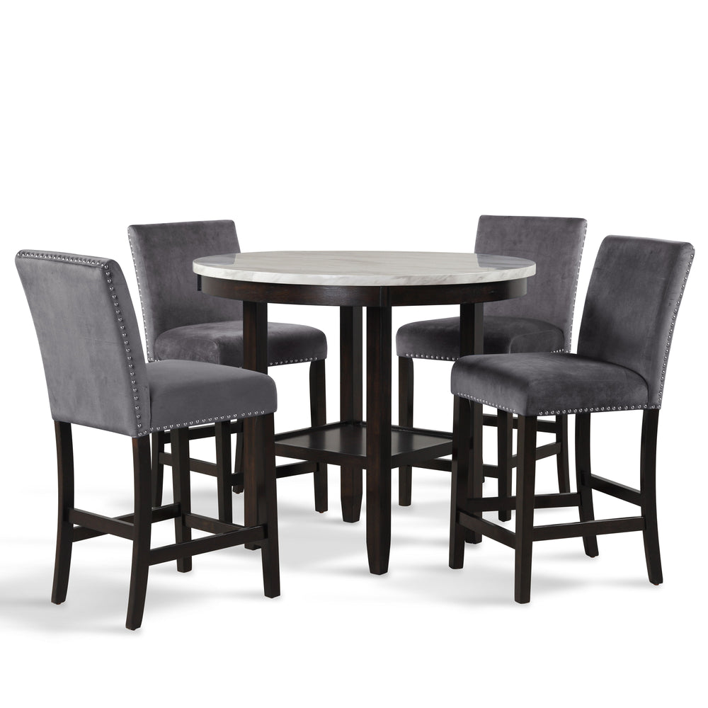 The Celeste 5-Piece Counter Dining Set is an exquisite combination of modern sophistication and enduring craftsmanship. This set includes a chic 42-inch counter table with an espresso base and a faux marble top, accompanied by four stunning gray velvet ch