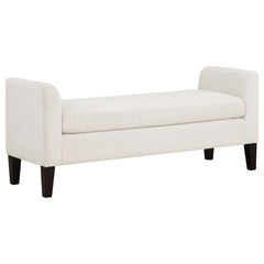 Finishing touches like a modern upholstered bench take your decor from good to great. This bench boasts a backless profile with arms the create a chic, cozy silhouette. The bench seat and frame are upholstered in soft vanilla fabric, creating a neutral pa