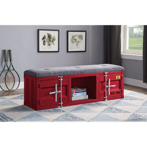 KD, Armless Bench (Backless) Storage: 2 Metal Doors (), 1 Open Compartment Stationary Seat Padded SEAT: Cushion (Solid Pattern) Features: Metal Frame, Recessed Panels (Cargo Container Panels), Full-Length Container Lock Backless (NO LEGS) Armless<br/><br/