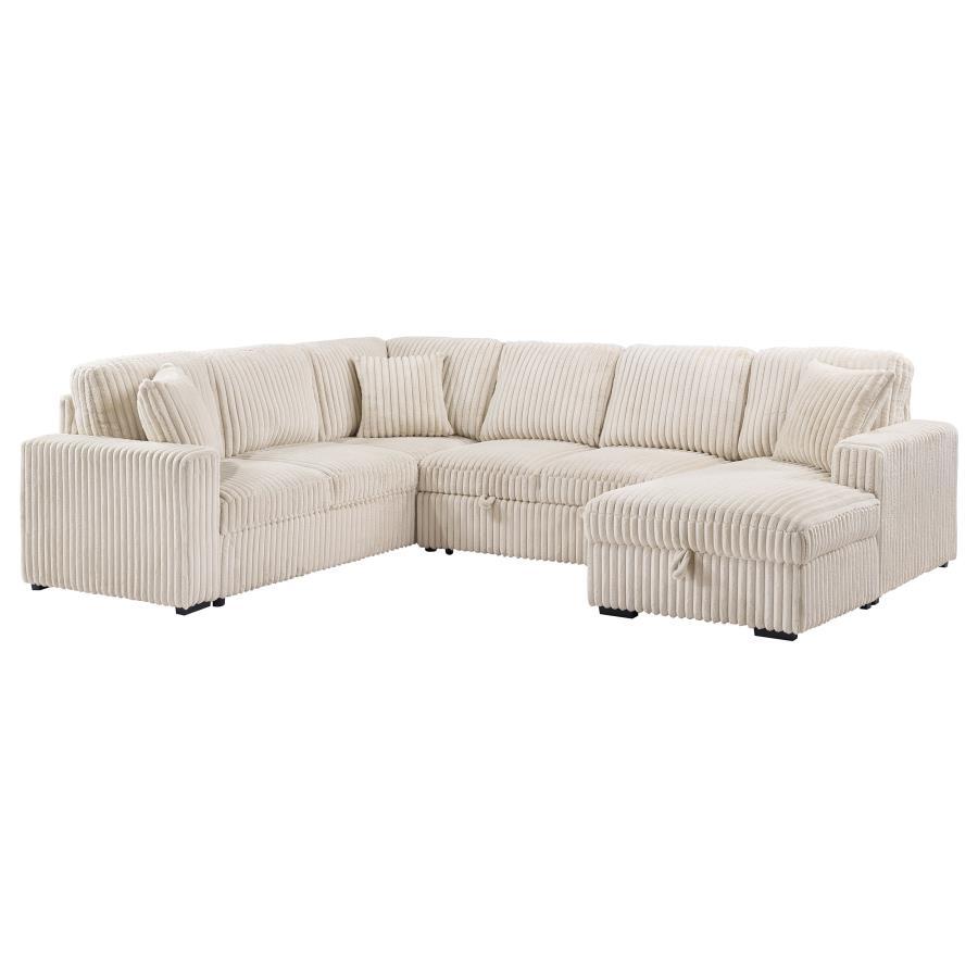 This versatile corduroy sleeper sectional effortlessly converts from cozy seating to a comfortable guest bed with its pop-up sleep surface. A spacious storage chaise keeps essentials at hand, while plush upholstery and three matching pillows provide lasti