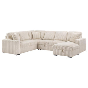 This versatile corduroy sleeper sectional effortlessly converts from cozy seating to a comfortable guest bed with its pop-up sleep surface. A spacious storage chaise keeps essentials at hand, while plush upholstery and three matching pillows provide lasti