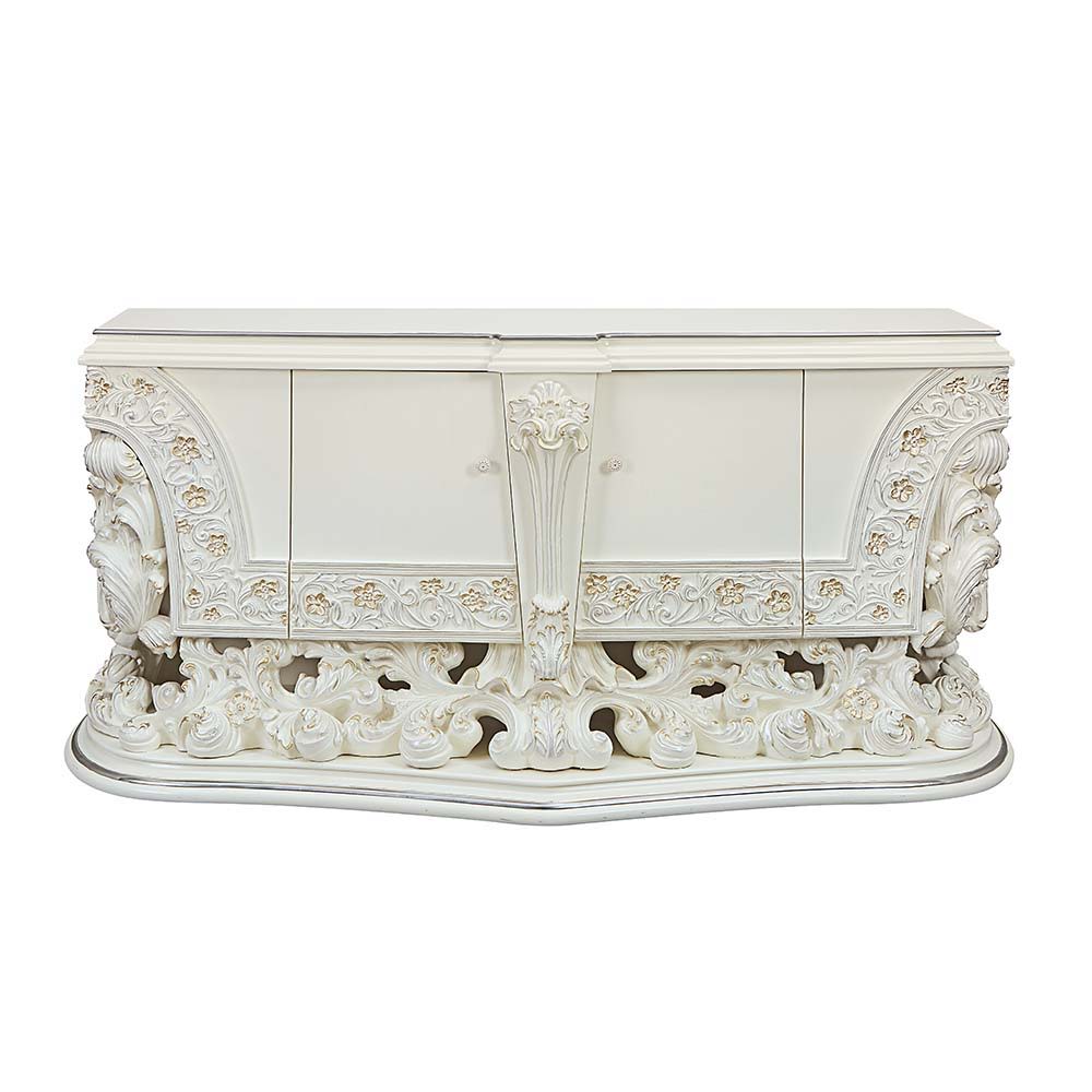 Bringing a modern approach to the classic ornate Rococo style, the Adara bed blends in contemporary touches with traditional design details. The PU adds a fresh approach to the intricately embellished bed. The antique white is embellished with light gold 