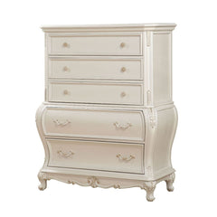 The Chantelle Chest features five felt-lined pull-out drawers with delicate drop handles and an pearl white finish. The 1st Avenue collection strives to create a warm and comfortable environment in every home without sacrificing style and sophistication.<