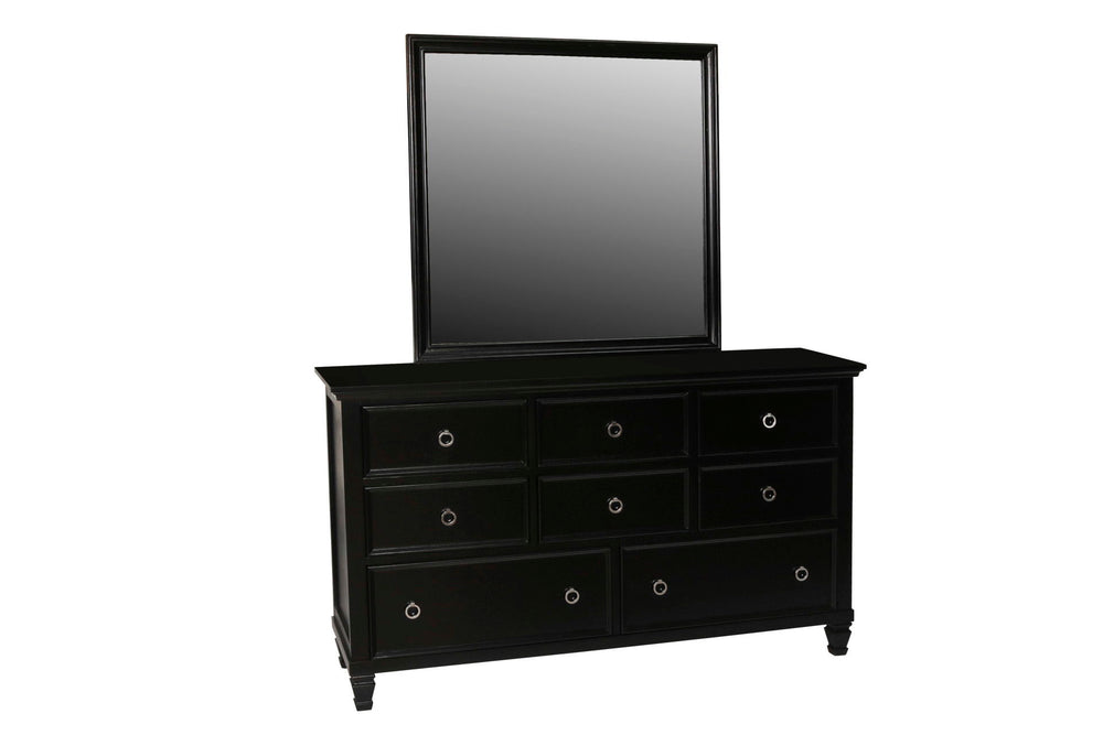 The Tamarack 8 Drawer Wood Dresser in Black offers a perfect blend of durability and style. Built with a combination of solid poplar, basswood veneers, and eco-friendly manufactured wood, this dresser ensures strength and long-lasting durability. Its vers