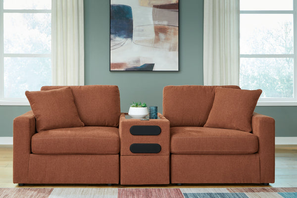  youâ€™re all about low-maintenance lounging. With the performance fabric on this sectional loveseat with audio system
