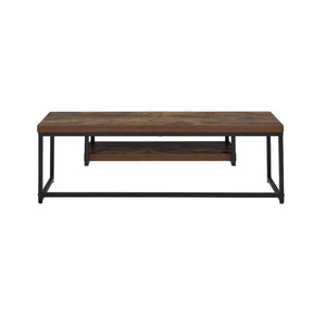  with its industrial looks and the mixing of black metal with weathered oak. The thicker wood top is supported by lighter scaled black metal lags and an stretcher which assures for a sturdy sur