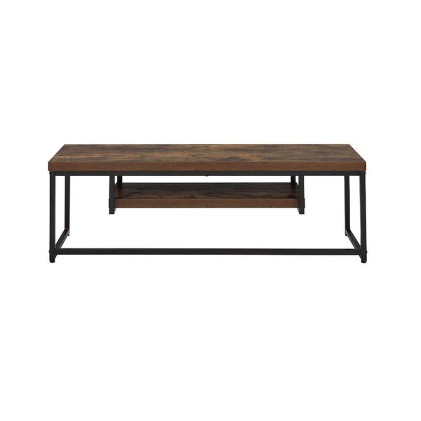  with its industrial looks and the mixing of black metal with weathered oak. The thicker wood top is supported by lighter scaled black metal lags and an stretcher which assures for a sturdy sur