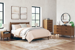 What do you get when you mix a minimalist profile with a warm finish? With sleek simplicity and a rich auburn hue, this bedroom package delivers cool, contemporary style with a nod to mid-century modern design. Talk about completing your restful retreat w