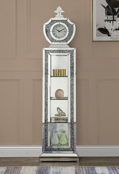 â€¢Assembled<br/><br/><b>Product Features</b><ul><li>Grandfather Clock</li><li>Standing Flat Wall</li><li>Storage: 4 Tier Shelf</li><li>Beveled Mirrored Case-Frame with Faux Diamonds & Clear Glass Inlay</li><li>Clock Dial: Roman Numerals</li><li>Quartz Me
