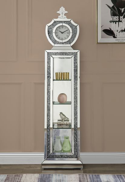 â€¢Assembled<br/><br/><b>Product Features</b><ul><li>Grandfather Clock</li><li>Standing Flat Wall</li><li>Storage: 4 Tier Shelf</li><li>Beveled Mirrored Case-Frame with Faux Diamonds & Clear Glass Inlay</li><li>Clock Dial: Roman Numerals</li><li>Quartz Me